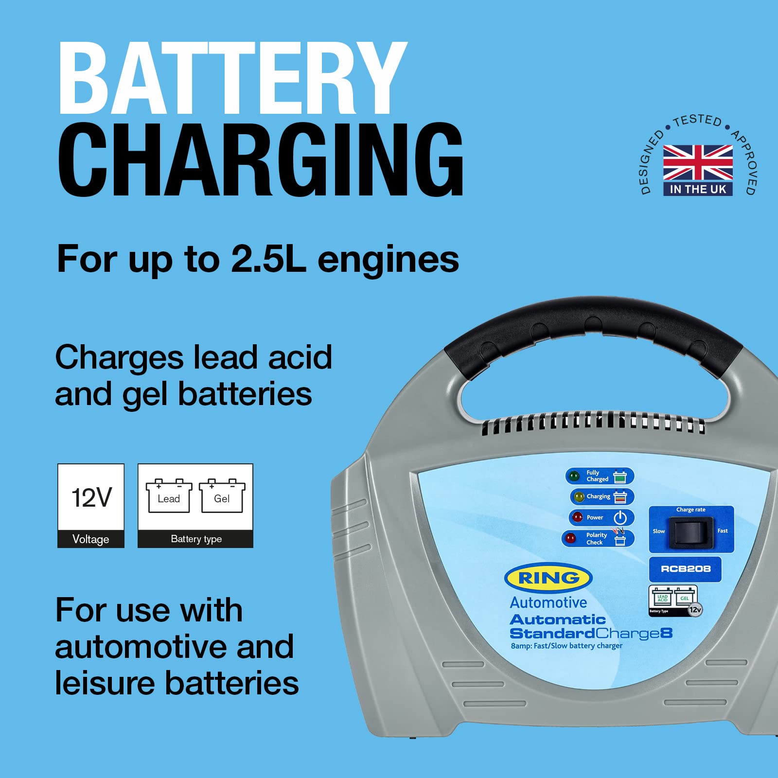 Ring RCB212, 12A Battery Charger, 12V Lead Acid and Gel Batteries, Vehicles up to 3.0L