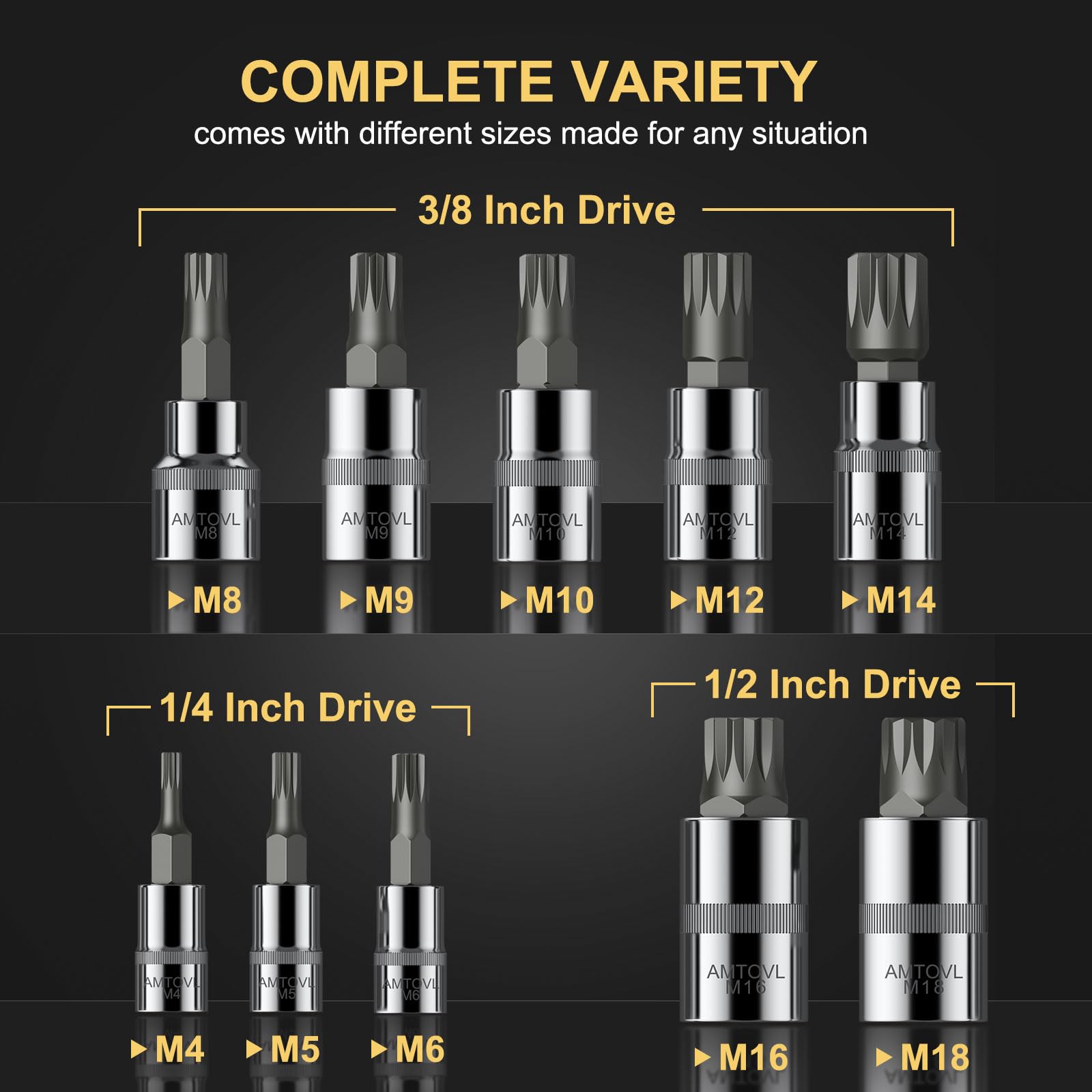 AMTOVL 15-Piece Triple Square Spline Bit Socket Set - S2 Alloy Steel & 50BV30 CRV XZN Bits - Includes 1/4", 3/8", 1/2" Drive Sizes (4,5,6,8,9,10,16,18mm) with Adapter - Fit for Automotive & DIY