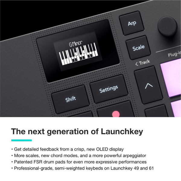 Novation Launchkey Mini 25 [MK4] — Portable 25 Mini-Key, USB, MIDI Keyboard Controller with DAW Integration. Chord Mode, Scale Mode, Drum Pads, and Arpeggiator. Includes Music Creation Software Bundle