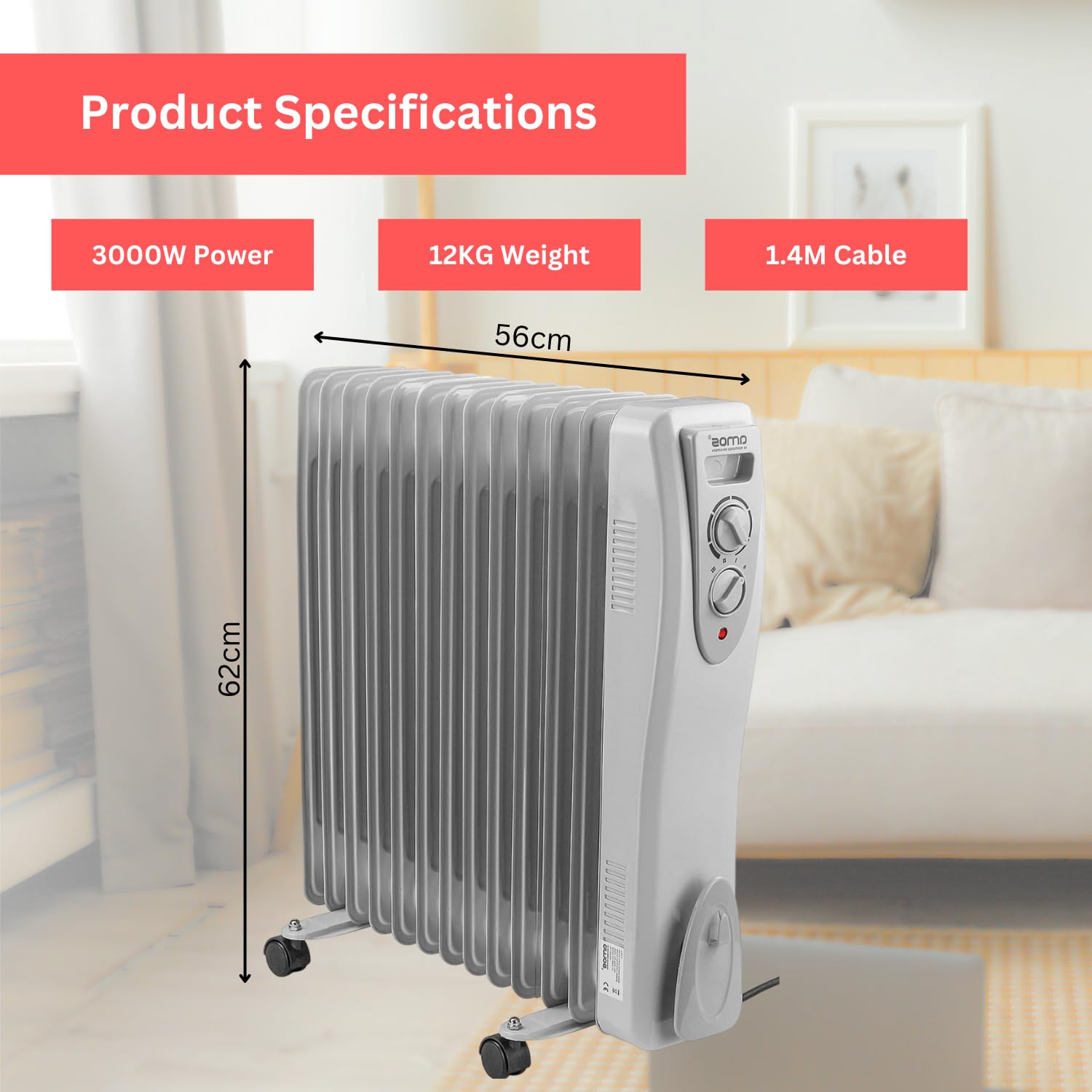 AMOS 1500W Electric Oil Filled Radiator Heater 7-Fin Portable Thermostat Heating Appliance with 3 Heat Settings, Safety Shut Off, and Power Indicator Light