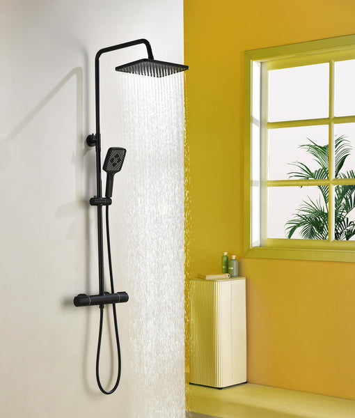 Thermostatic Shower Mixer Set,38°C Thermostatic Shower System with Rainfall Shower Head,3-Mode Handheld Shower,Adjustable Height Stainless Steel Shower Set (Black)