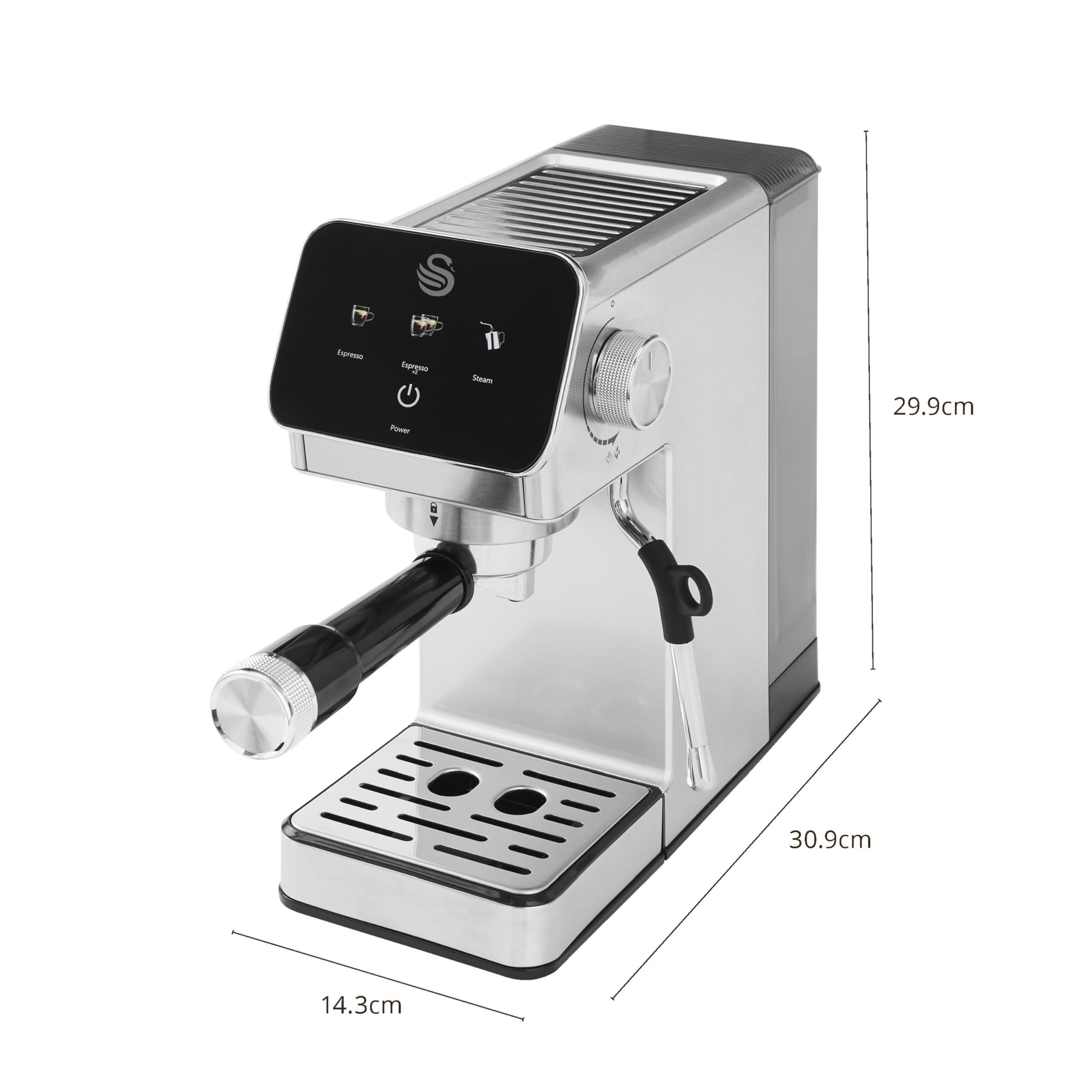 Swan SK22154 Pump Espresso Digital Coffee Machine, Digital Touch Controls with 8 Pre-Sets, 20 Bar Pressure, Built-in Automatic Milk Frother with 500ml Tank, Black