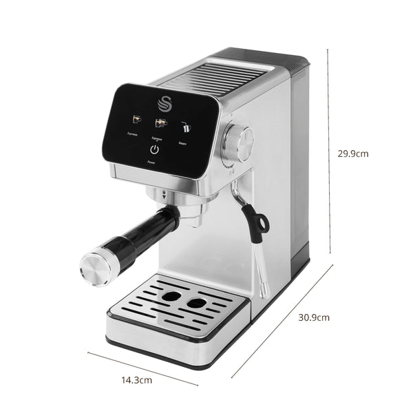 Swan SK22154 Pump Espresso Digital Coffee Machine, Digital Touch Controls with 8 Pre-Sets, 20 Bar Pressure, Built-in Automatic Milk Frother with 500ml Tank, Black