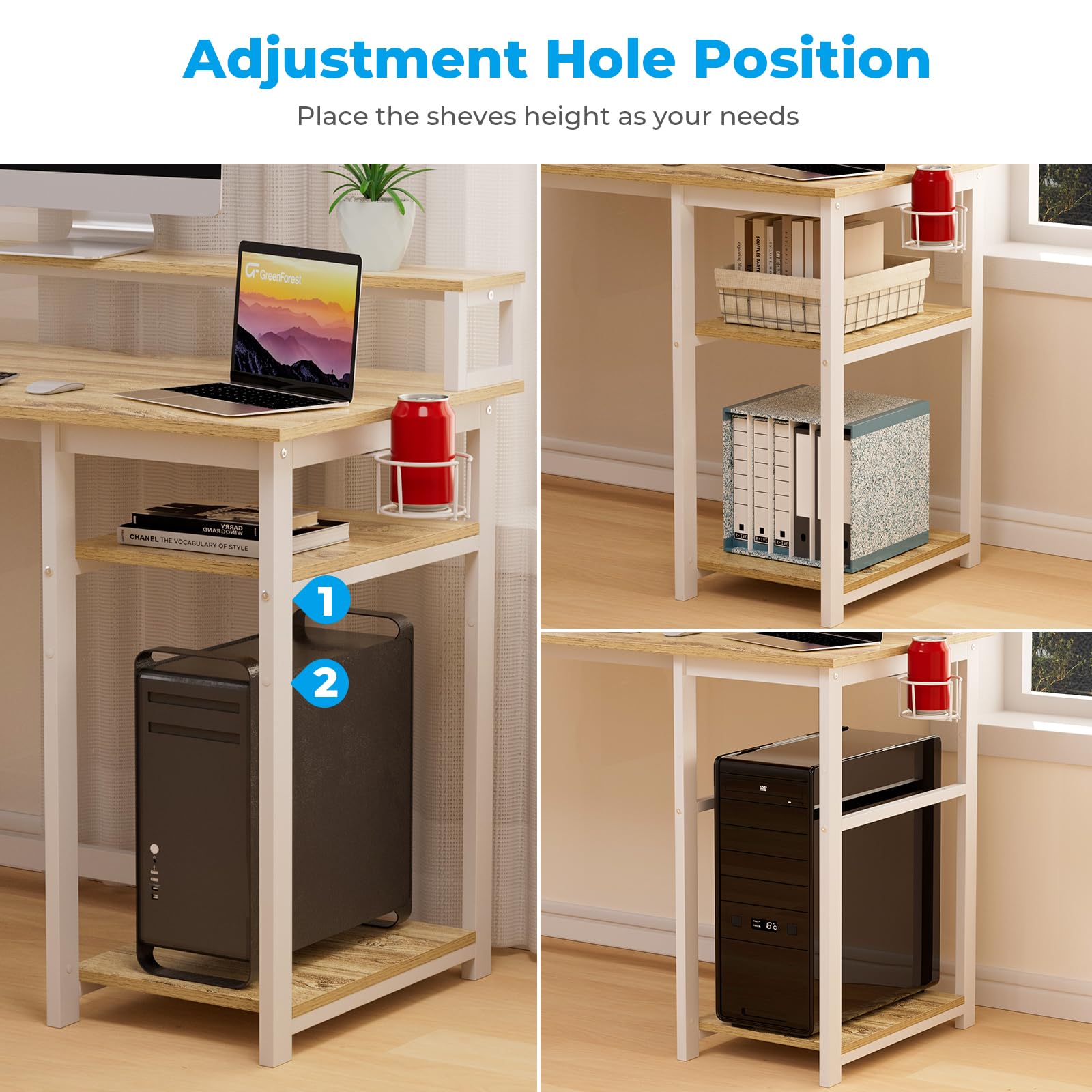 GreenForest Office Desk with Full Monitor Stand,100 cm Home Computer Desk with Reversible Storage Shelves,Small Study Desk with Headphone Hook and Cup