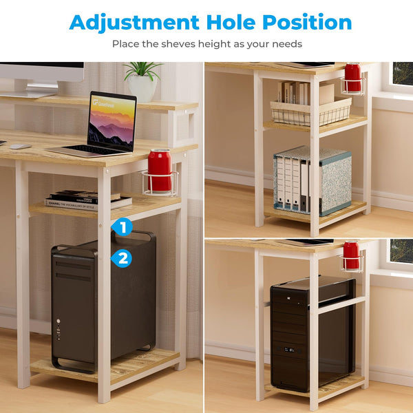 GreenForest Office Desk with Full Monitor Stand,100 cm Home Computer Desk with Reversible Storage Shelves,Small Study Desk with Headphone Hook and Cup