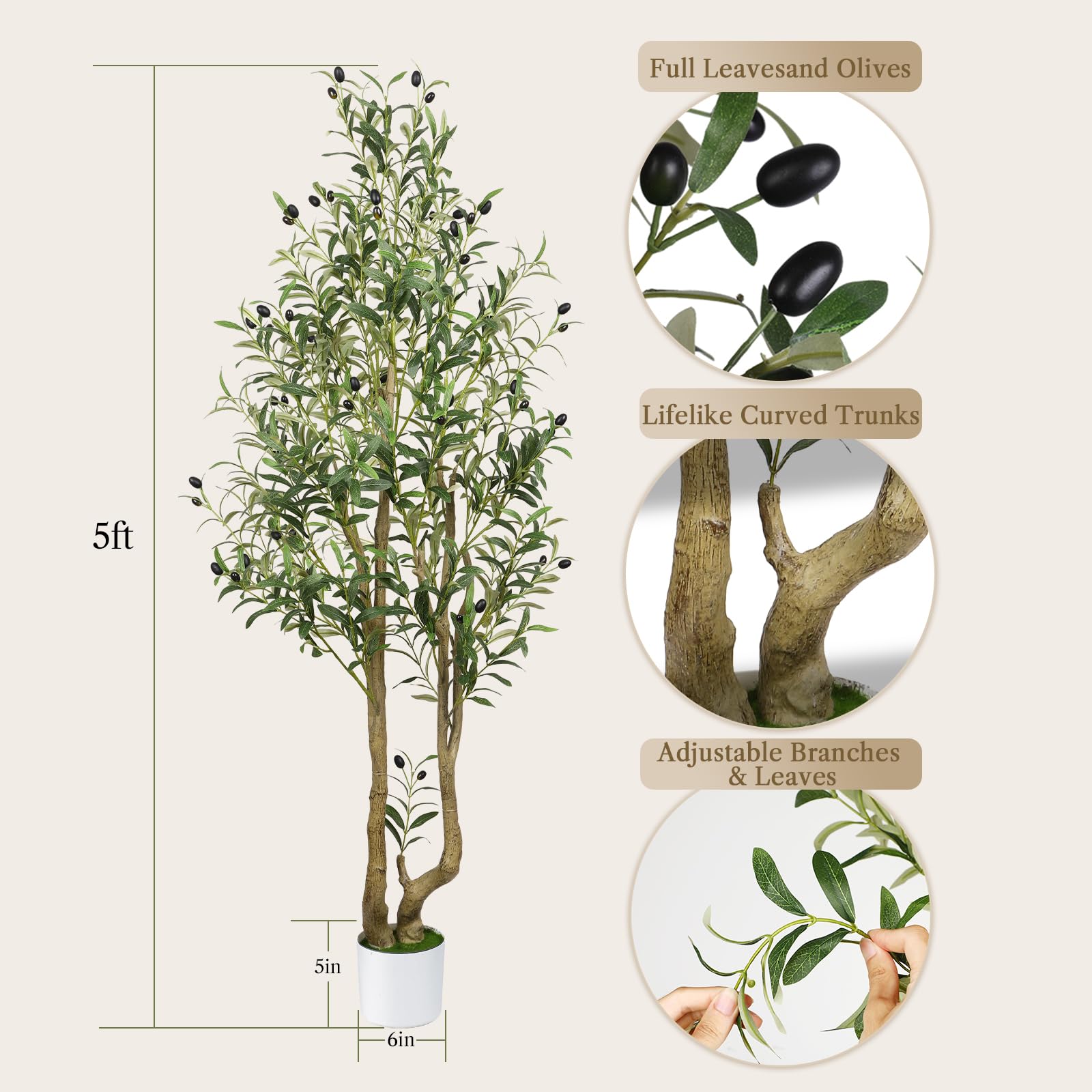 Alupssuc 5FT Artificial Olive Tree Big tall Fake Plants, 5 Feet Artificial Olive Silk Plants Indoors with Curved Trunk in Pots, Fake Tree for Home