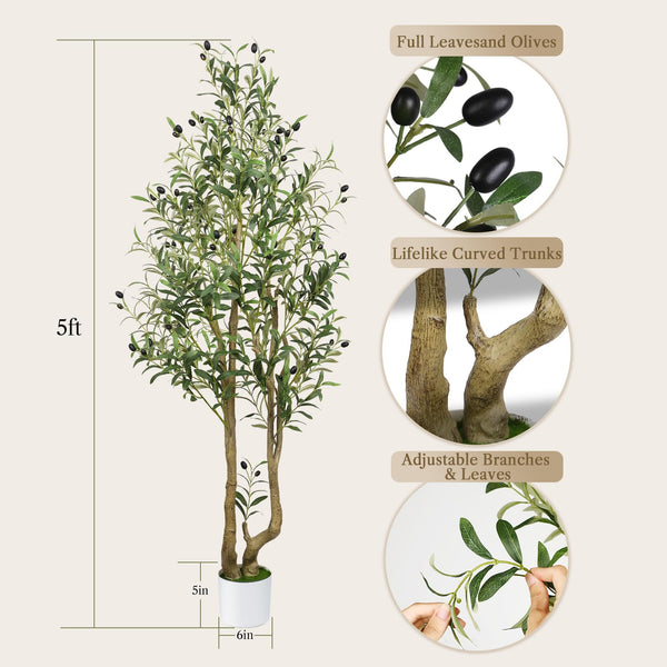 Alupssuc 5FT Artificial Olive Tree Big tall Fake Plants, 5 Feet Artificial Olive Silk Plants Indoors with Curved Trunk in Pots, Fake Tree for Home