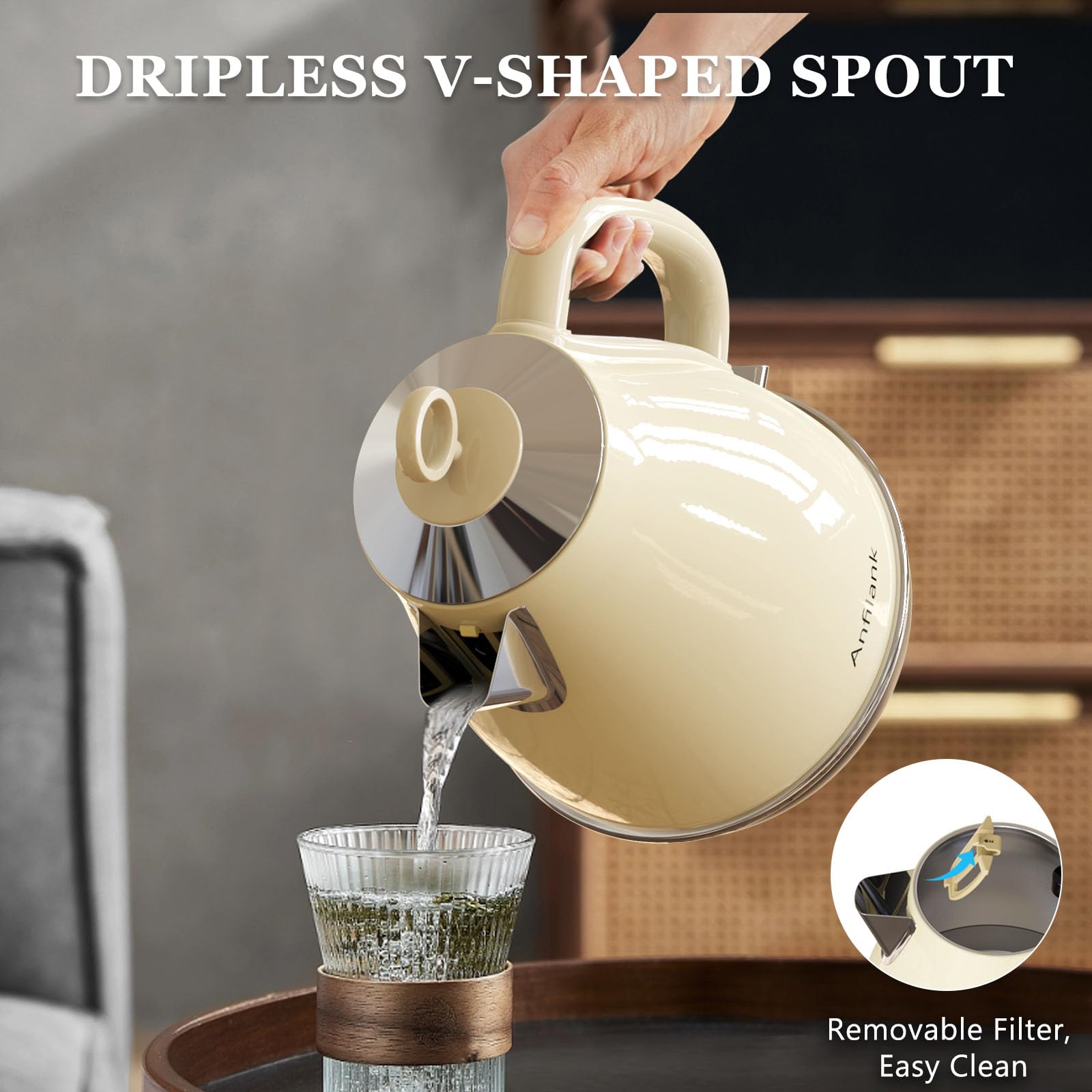 Anfilank Kettle Electric Fast Boil, 1.7L Stainless Steel Kettle with Water Filter, BPA Free, Auto Shut-Off and Boil-Dry Protection, 3000W, Cream