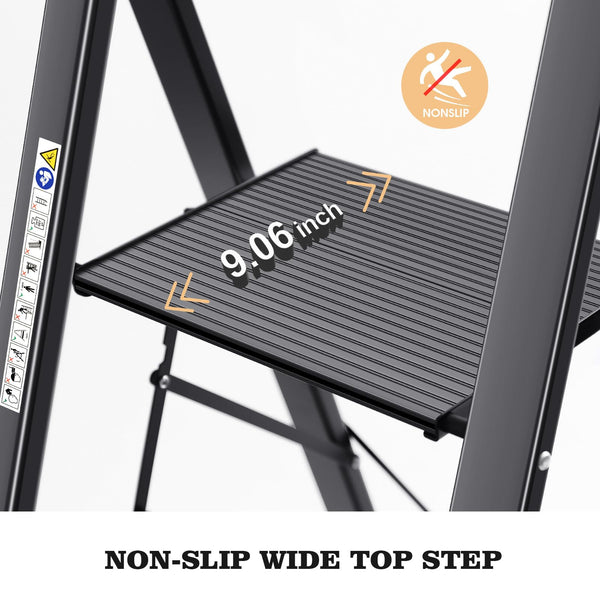 KINGRACK 2 Step Ladder with Handrail, Non-Slip Household Ladder with Folding Safety, Aluminium Folding Step Stool, Maximum Load 150 kg, Black