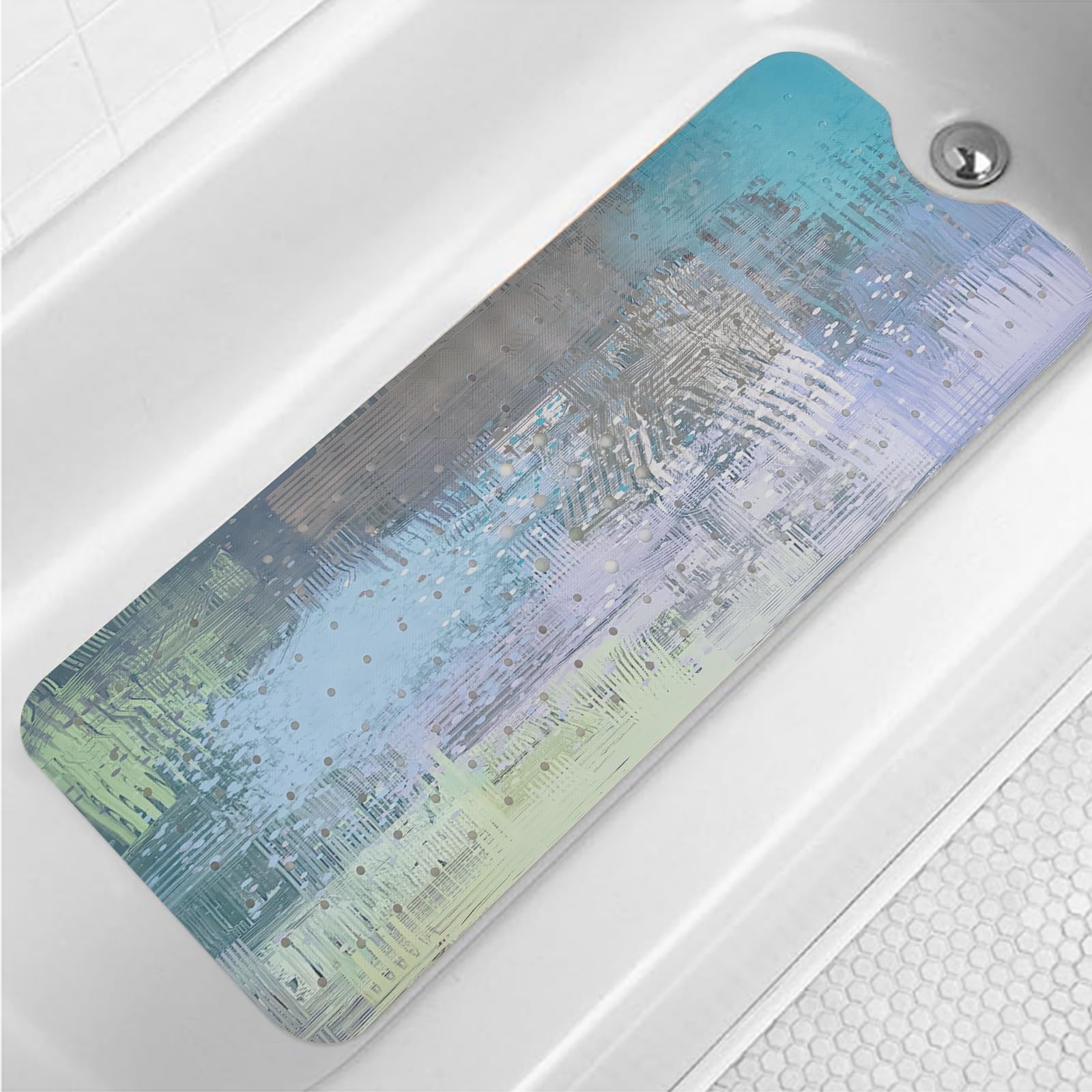 Turquoise Bathtub Mat Non Slip 40x16in Extra Long Anti Slip Bath Mat for Tub Modern Tub Mat Abstract Art Bath Tub Shower Mat with Large Drain Holes