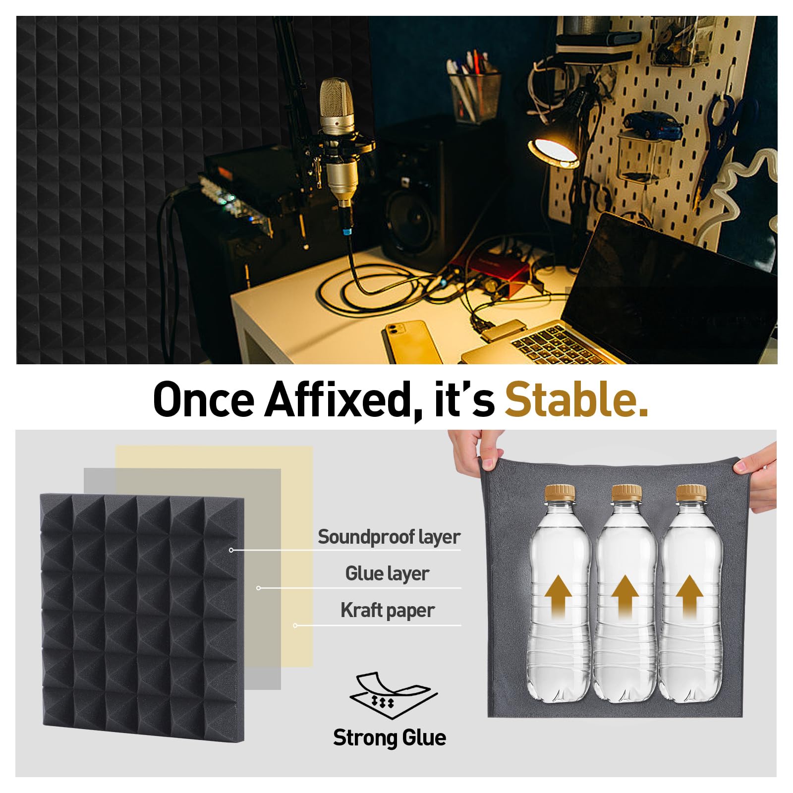 HERTBER-24 Pack Sound Proofing Panels 12x12x2 Inches Acoustic Wall Panels Self Adhesive Soundproofing Panels with Strong Glue, High Density Acoustic Panels for Sound Absorption and Echo Control