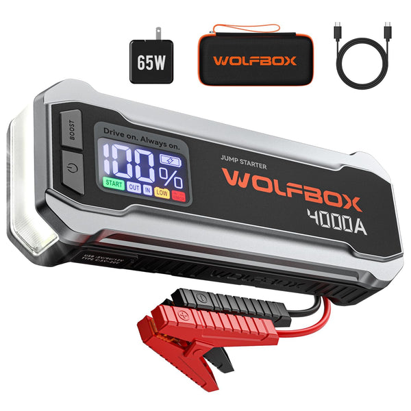 WOLFBOX 4000A Jump Starter Power Pack, 12V Car Battery Booster Jump Starter with 65W Quick Charger, 24000mAh Battery Booster Pack (10L Gas 10L Diesel Engine) with LED Light, Jump Pack, Jump Leads