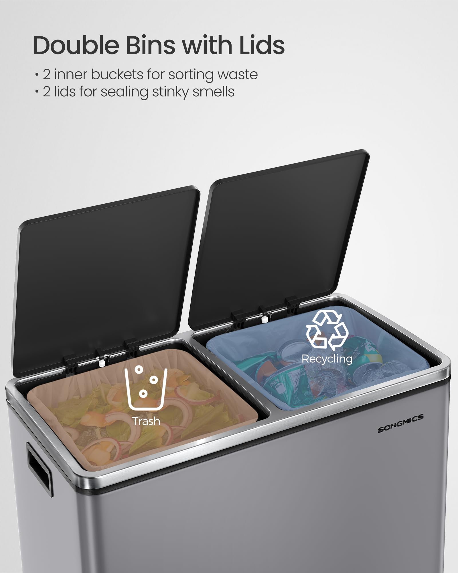 SONGMICS Dual Rubbish Bin, 2 x 30 L Recycling Bin with 15 Rubbish Bags, 2-Compartment Metal Pedal Bin with Lids and Plastic Inner Buckets, Soft Closure, Slate Grey LTB060G01