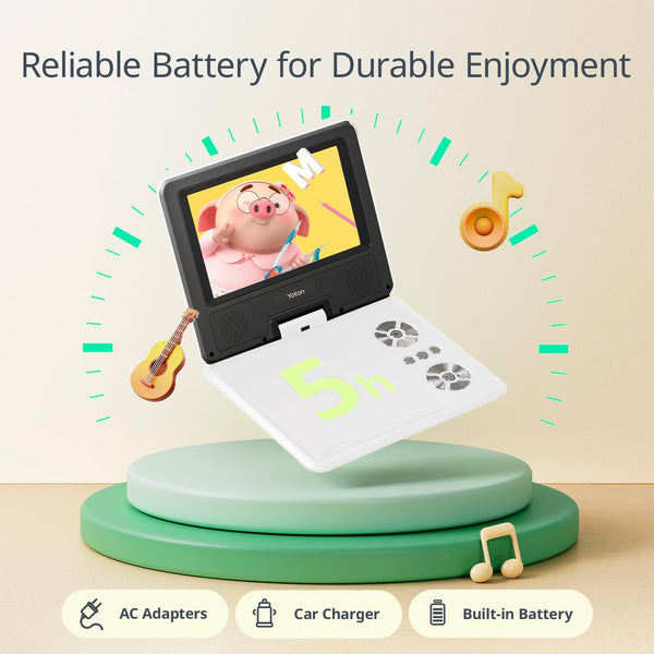 9.5" Portable DVD Player with 7.5" HD Swivel Screen for Car and Kids, 4-6 Hours Working time with Built-in Battery, Headphone/AV-IN/AV-OUT/USB/SD Card [Not Support Blu-ray]