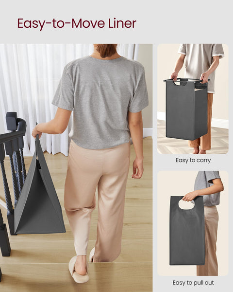 VASAGLE Laundry Basket, Laundry Hamper, Pull-Out and Removable Liner Bag, Shelf, Metal Frame, 65 L, 50 x 33 x 72 cm, Ink Black and Rustic Brown BLH101B01