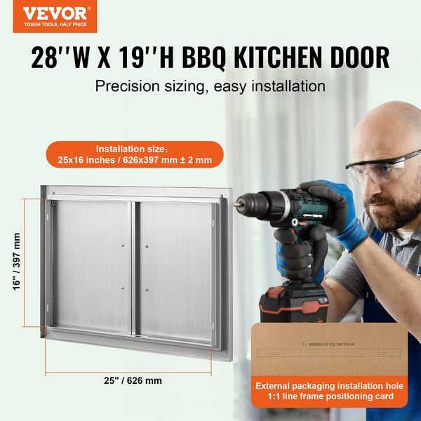VEVOR BBQ Access Double Outdoor Kitchen Door, 711x482 mm Stainless Steel Flush Mount, Wall Vertical With Handles, for BBQ Island, Grilling Station,