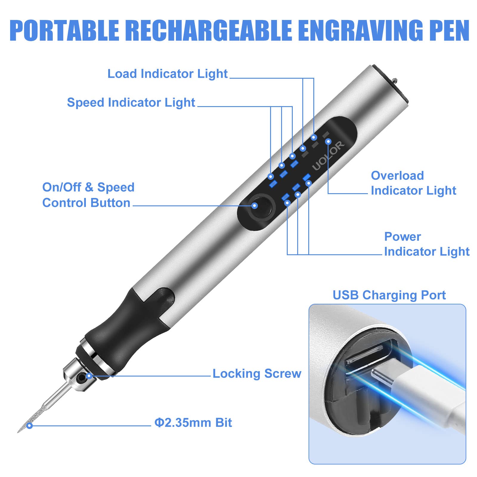 Uolor Electric Engraving Tool Kit, USB Cordless Rechargeable Engraving Pen Mini DIY Engraver Pen Rotary Tool for Carving Wood Metal Stone Plastic Jewelry Glass Etching
