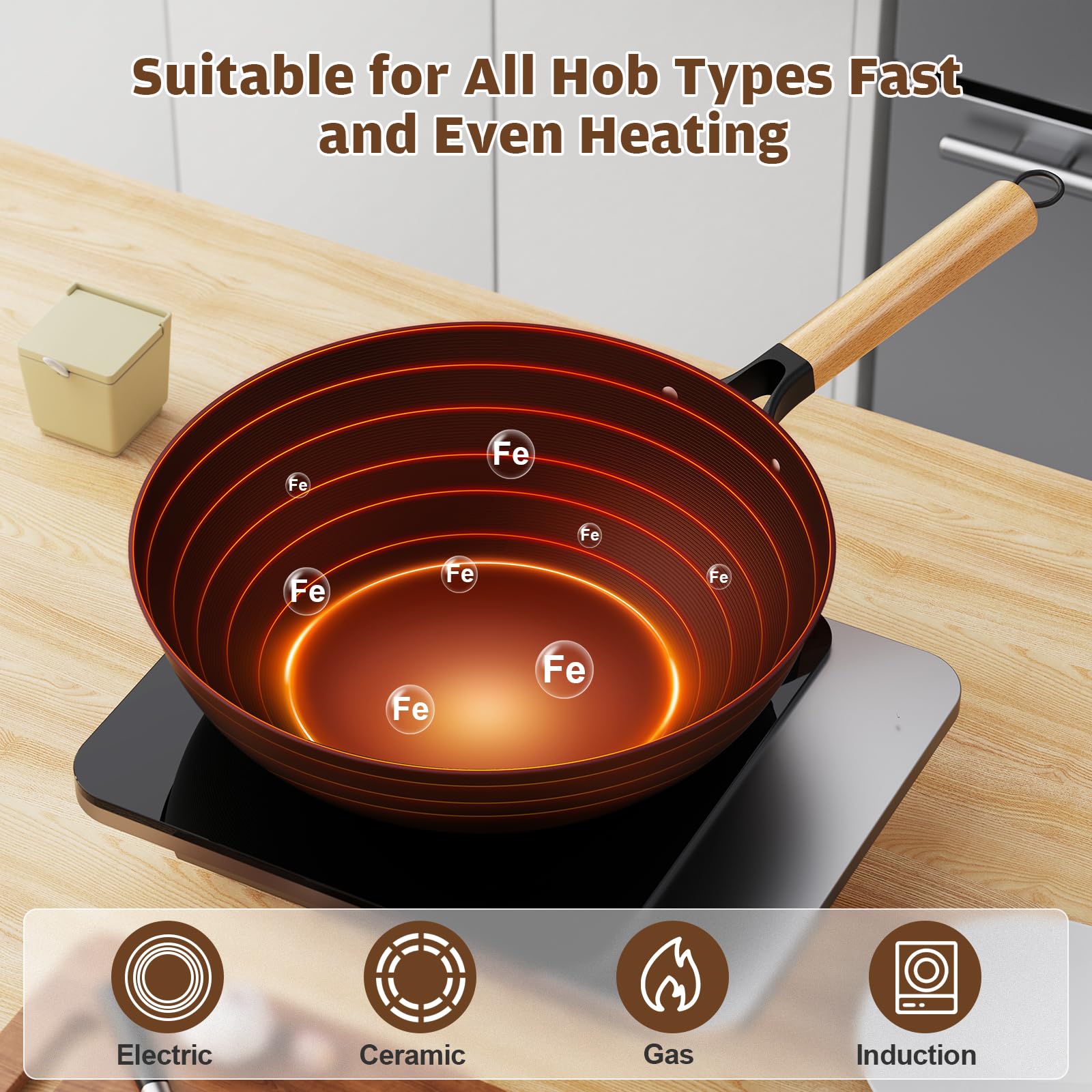 Jobin Wok with Lid Non Stick  30cm Carbon Steel Wok for Everyday Cooking  Frying Pan Ideal for 3-5 People for Induction, Gas, All Hobs