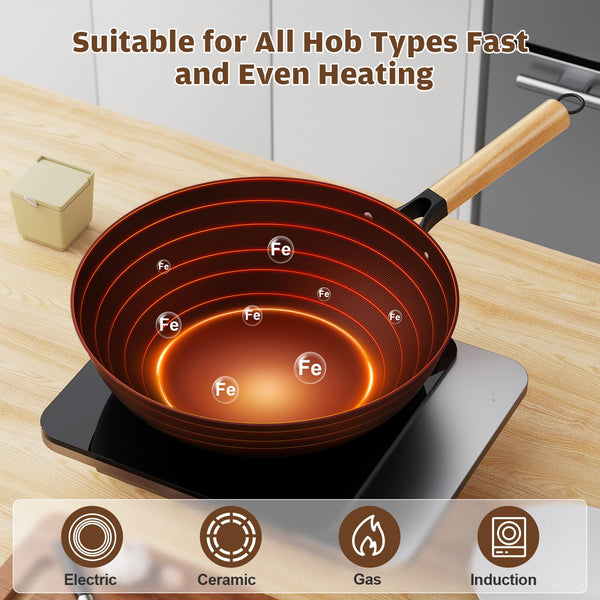 Jobin Wok with Lid Non Stick  30cm Carbon Steel Wok for Everyday Cooking  Frying Pan Ideal for 3-5 People for Induction, Gas, All Hobs