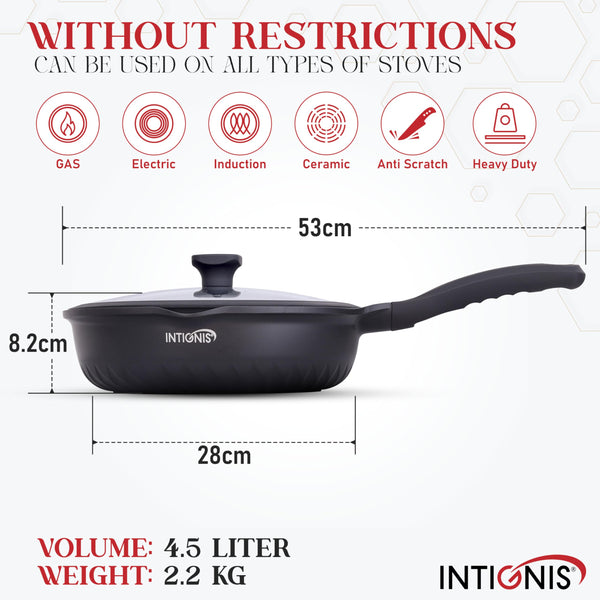 INTIGNIS Premium 28 cm Deep Frying Pan with Lid | Anti-Scratch | Induction Compatible | Non-Stick Interior | Heat Resistant Handle | Perfect for