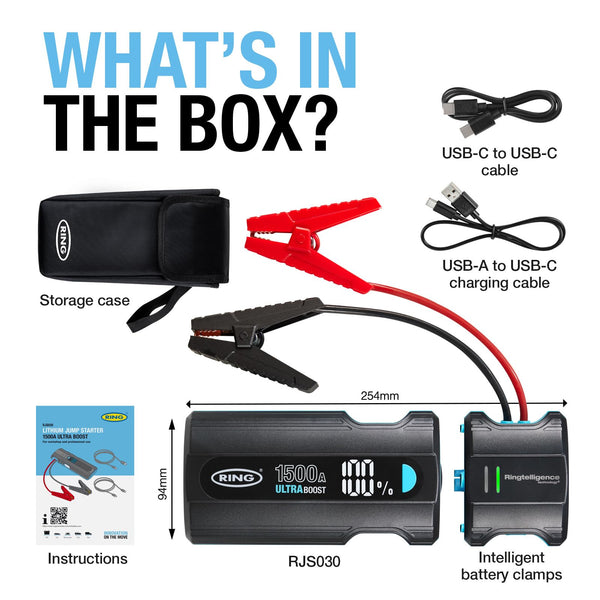 RING ULTRABOOST 1500A Car Battery Jump Starter Power Pack - Safely Starts Up to 6 Litre Petrol and 3 Litre Diesel Engines - Battery Booster with Jump Leads, Portable USB Powerbank and LED Torch