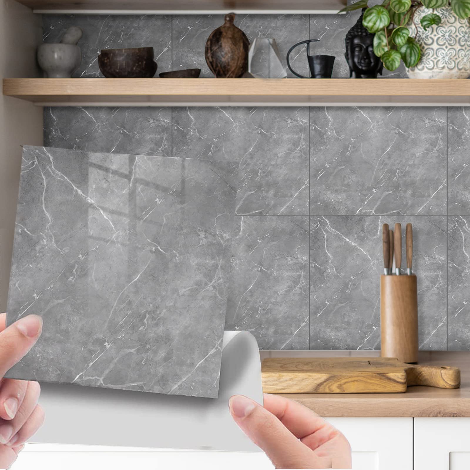 Fantasnight Marble Stick on Tiles 30 x 30cm 50Pcs, Grey Tile Stickers Self Adhesive Wall Tiles, PET Peel and Stick Wall Glossy Stickers for Kitchen