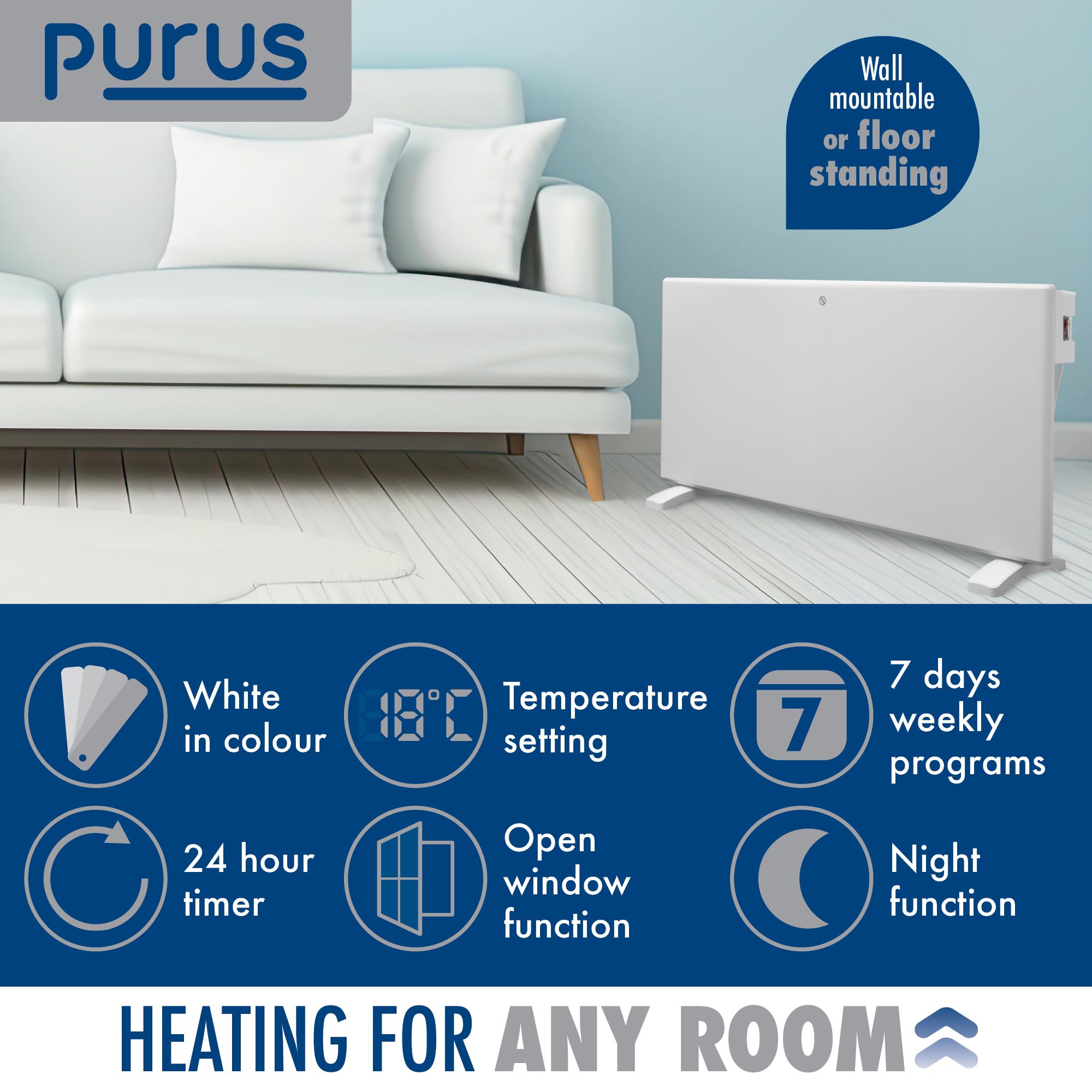 Purus 600W Grey Electric Radiator Heaters for Home, Bathroom Safe Electric Heater Setback Timer Lot 20 & Advanced Thermostat Control Wall Mounted or Floor Standing Low Energy Panel Heater