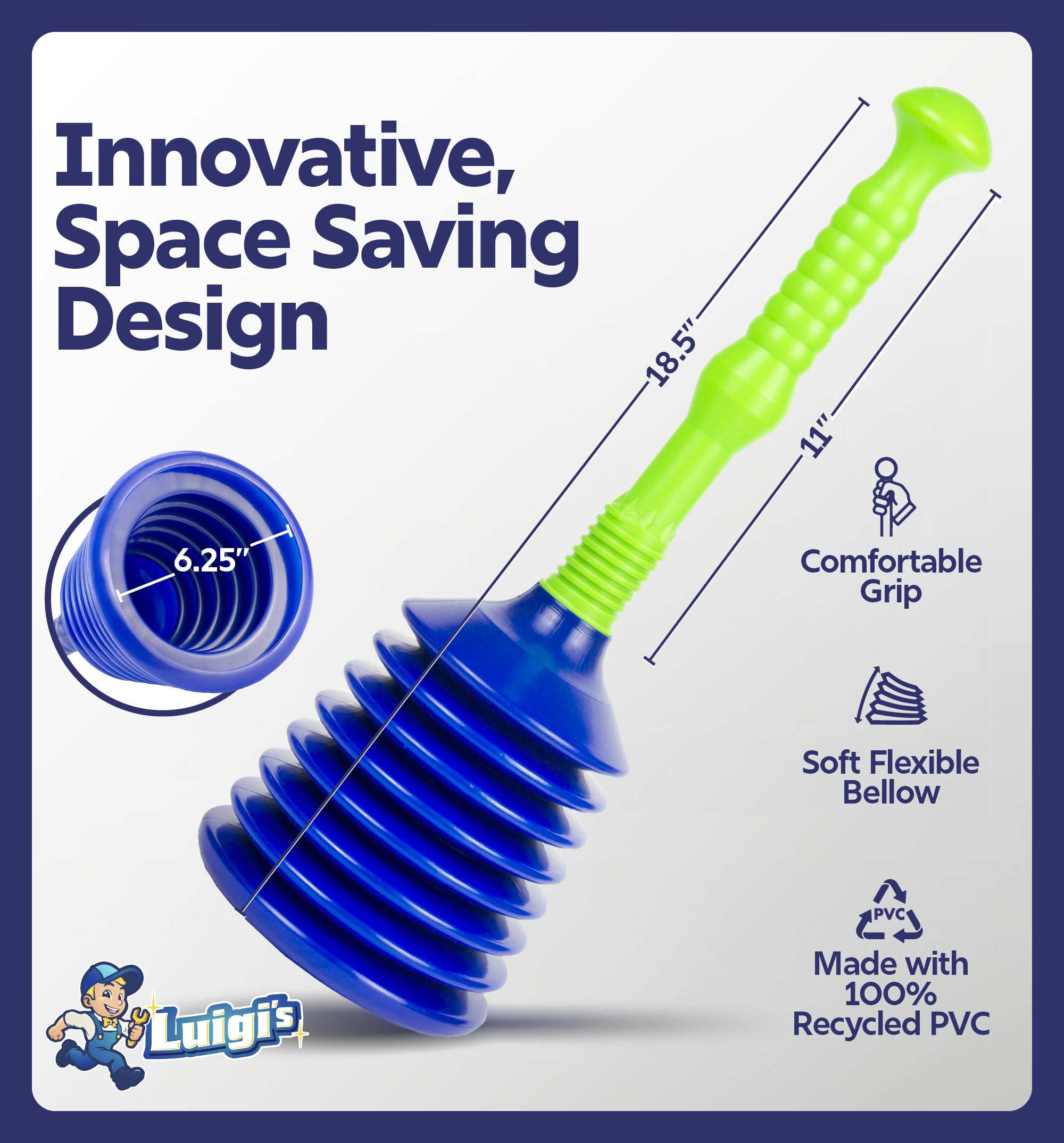 Luigi's Sink Plunger - Drain Plunger Sink Unblocker - Plungers for Unblocking - Drain Plungers for Bathroom Kitchen Bath Shower - Unblock Pump with Accordion Bellows