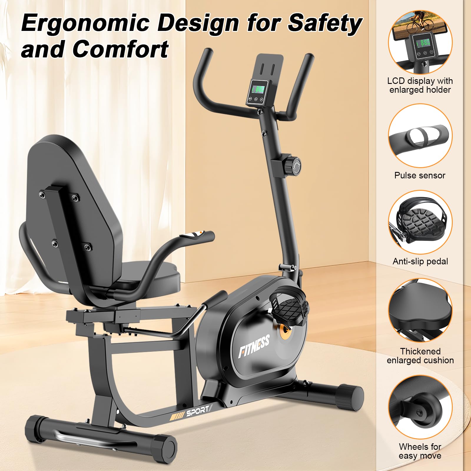 Jupgod Recumbent Exercise Bike, Recumbent Stationary Bike, 150KG Weight Capacity & 8-level Resistance, Magnetic Recumbent Bike with LCD Monitor, Heart Rate Handle