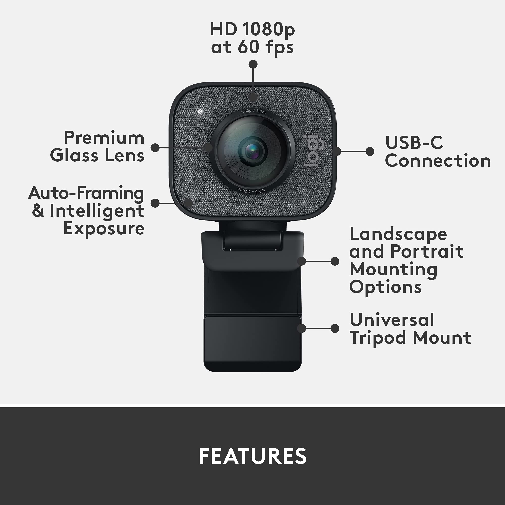 Logitech StreamCam – Live Streaming Webcam for Youtube and Twitch, Full 1080p HD 60fps, USB-C Connection, AI-enabled Facial Tracking, Auto Focus, Vertical Video - GRAPHITE