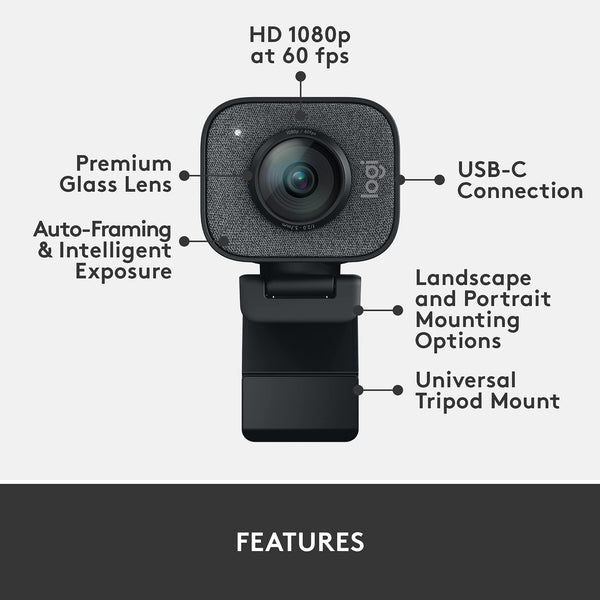 Logitech StreamCam – Live Streaming Webcam for Youtube and Twitch, Full 1080p HD 60fps, USB-C Connection, AI-enabled Facial Tracking, Auto Focus, Vertical Video - GRAPHITE