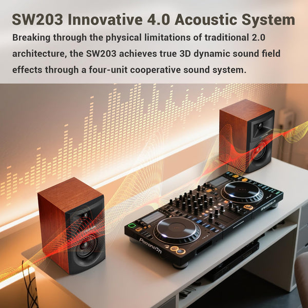 Sanyun SW203 4.0 Computer Speakers - 60W 4-Way DSP Control 3D Immersive Sound - 3" Carbon Fiber Woofer & 20mm Silk Dome Tweeter - 24bit DAC USB/Bluetooth 5.4/AUX - Studio-Grade Audio (Pair, Black)