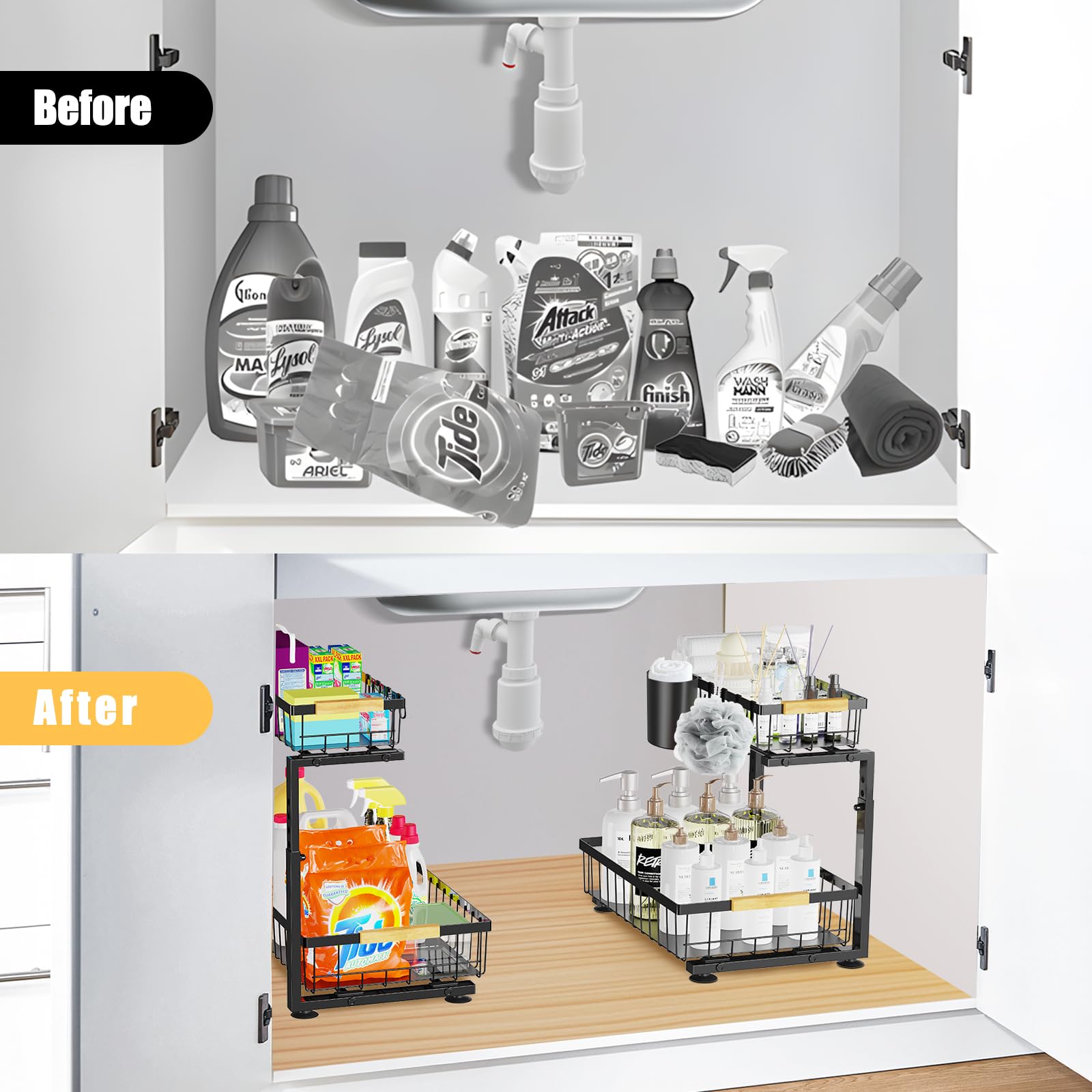 homicozy 2 Pack Under Sink Storage, 2 Tier Metal Under Sink Cabinet Organiser with 8 Hooks & 2 Cups, Height Adjustable Kitchen Storage &