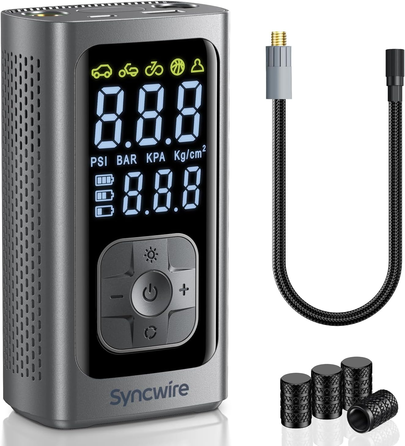 Syncwire Tyre Inflator Portable Air Compressor - 150PSI Faster Inflation Air Pump Electric Smart Pump Tyre Inflator for Car, Motorcycle, Bike & Balls, with Tyre Valve Caps, Extra-large LCD, Auto-off