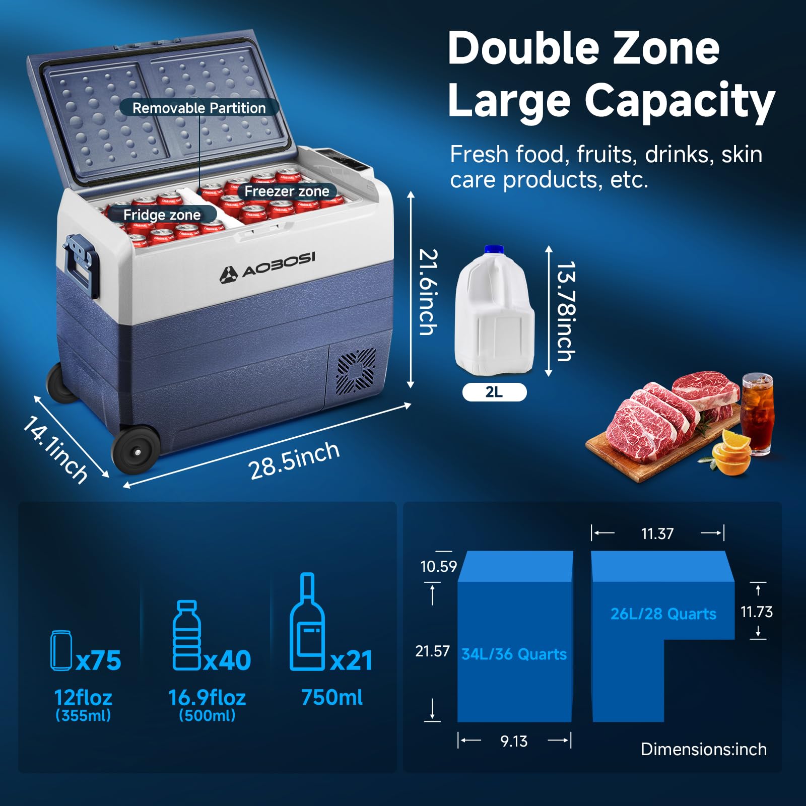AAOBOSI 50L Compressor Car Fridge Freezer, Portable Camping Fridge with APP Control for 12/24V DC & 100-240V AC, Electric Cooler for Truck Campervan RV Boat, -20℃ to 20℃