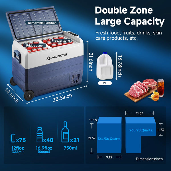 AAOBOSI 50L Compressor Car Fridge Freezer, Portable Camping Fridge with APP Control for 12/24V DC & 100-240V AC, Electric Cooler for Truck Campervan RV Boat, -20℃ to 20℃