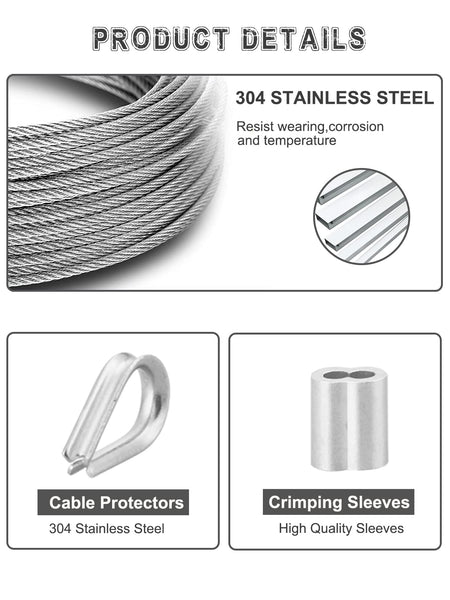 Abimars Wire Rope 2mm, 6m Stainless Steel Garden Wire Rope Cable with Crimping Aluminum, 7x7 Strand Core Metal Cable Wire Rope for Fence, Picture Hanging,Clothes Line