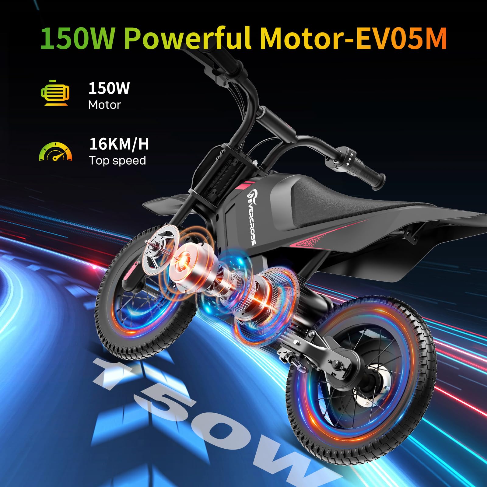 EVERCROSS EV05M Electric Motorcycle for Kids, 150W Kids Ride On Motor-cycle, 8/16 km/h Speed Modes & 15 km Long-Range Electric Motorcycle, 12'' Moto Cross for Children Aged 3-12 Years