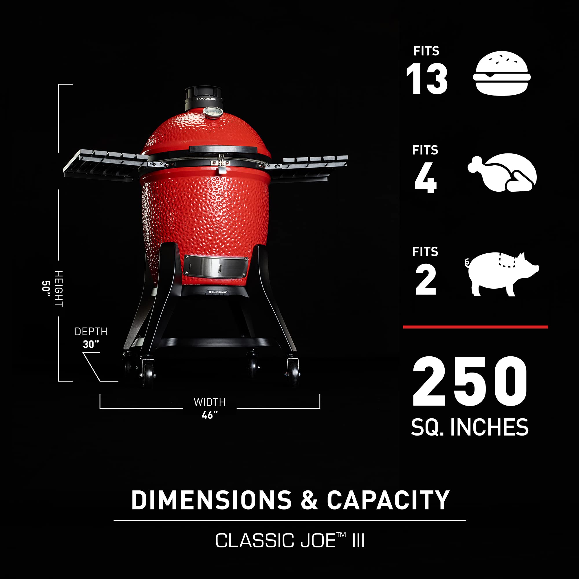 Kamado Joe KJ23RHC Classic II Smoker BBQ, Outdoor Charcoal Barbecue Grill In Red With Cast Iron Cart, Heat Deflectors And Ash Tool