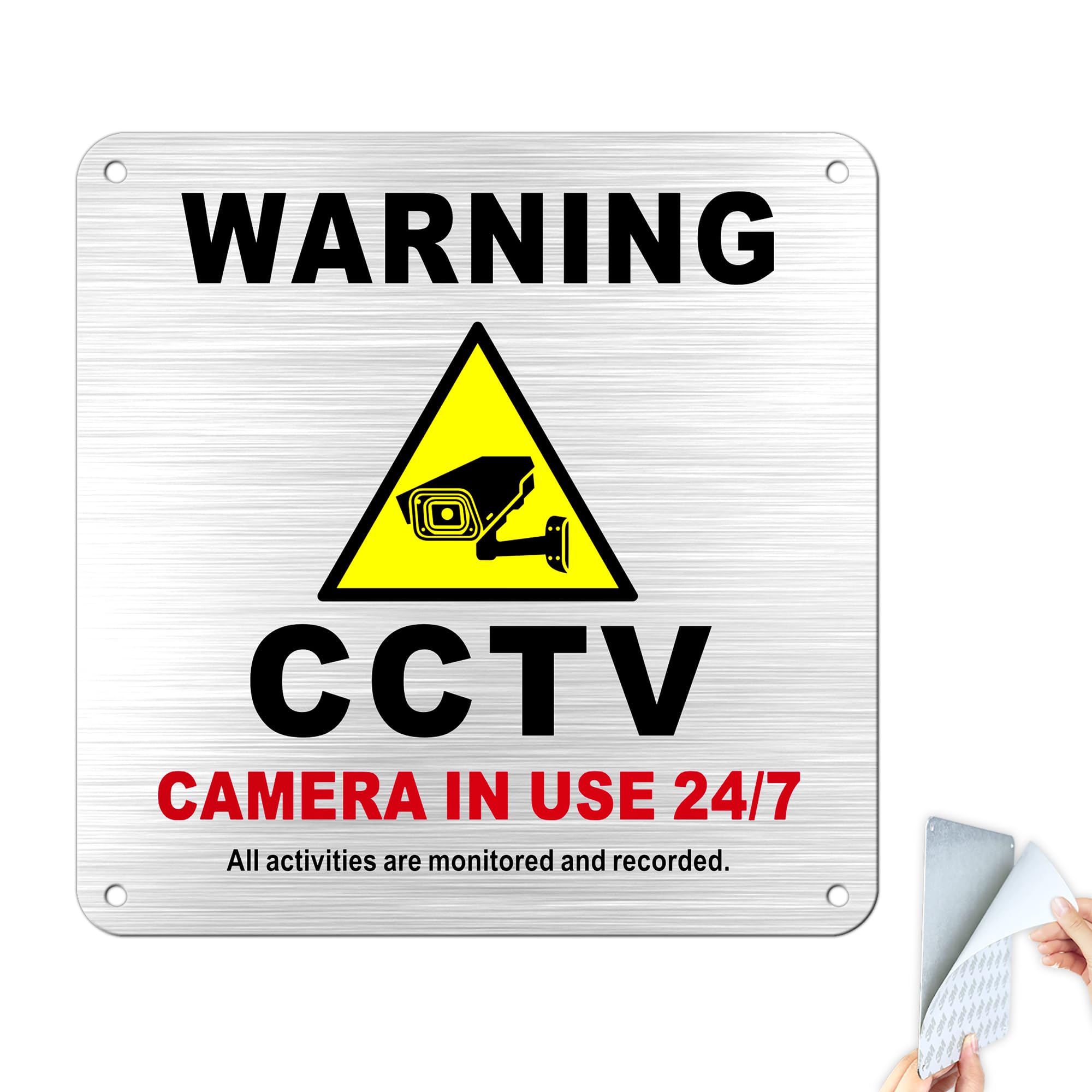 TAKULA Pre-drilled CCTV Sign - 15 * 15cm Aluminium Brushed Metal Sign - 24 HR Outdoor Waterproof, UV Resistant, Durable | Pack of 1