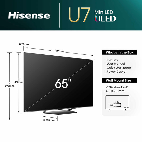 Hisense 55 Inch 4K Mini-LED TV 55U6NQTUK - Quantum Dot Colour, Dolby Vision Atmos, Hi-View Engine, FilmMaker Mode, Vidaa OS with Voice Control, Freely, Youtube, Netflix and Disney+ (2024 Model)