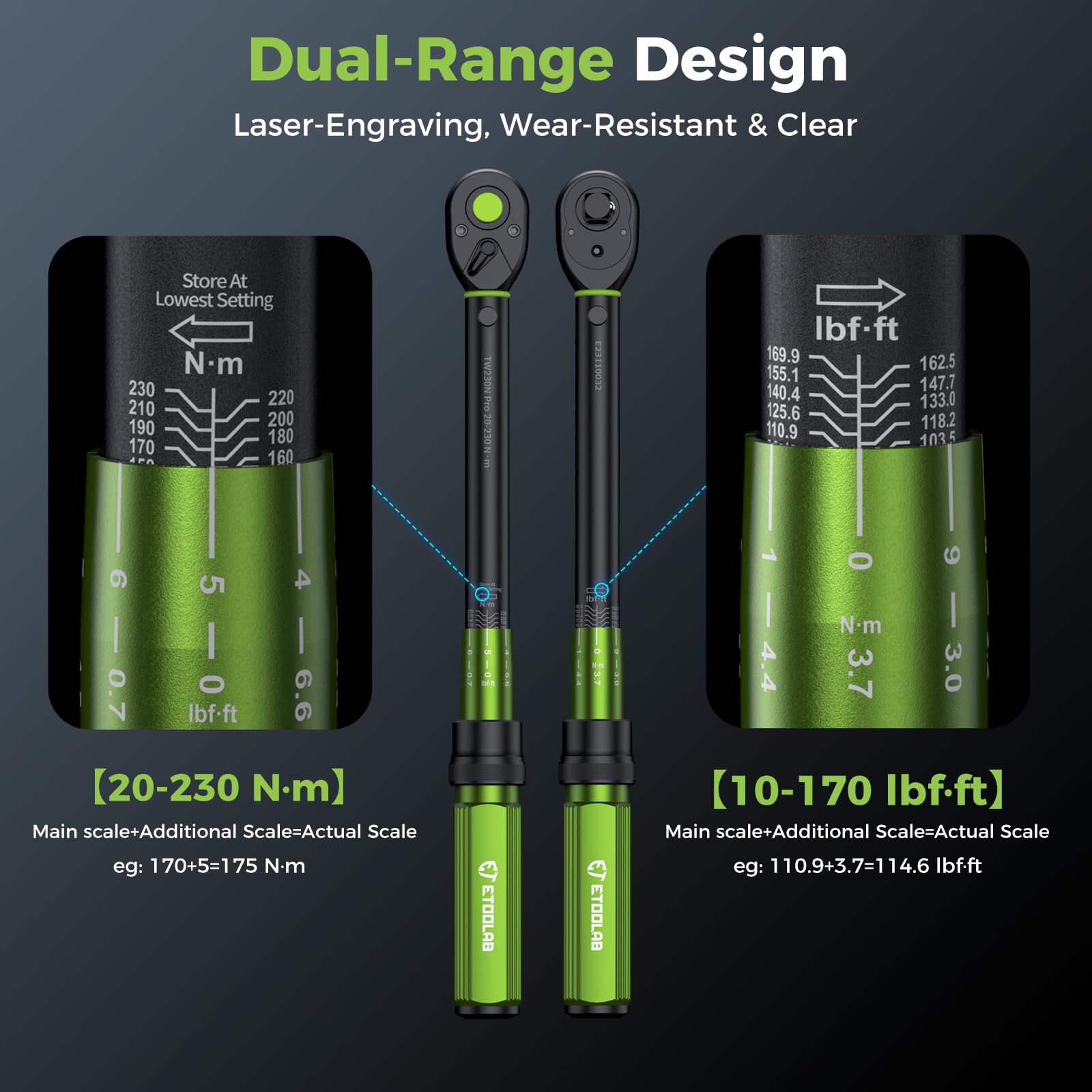 ETOOLAB 1/2 Torque Wrench Dual-Range【20-230Nm/10-170lbf-ft】±3% Precision, 72 Tooth Dual-Direction Adjustable Torque Wrench for Bicycle, Moto, Car Maintenance—3pcs
