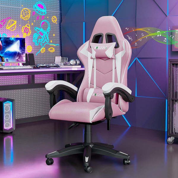 bigzzia Ergonomic Gaming Chair - Gamer Chairs with Lumbar Cushion + Headrest, Height-Adjustable Office & Computer Chair for Adults (without footrest, White)