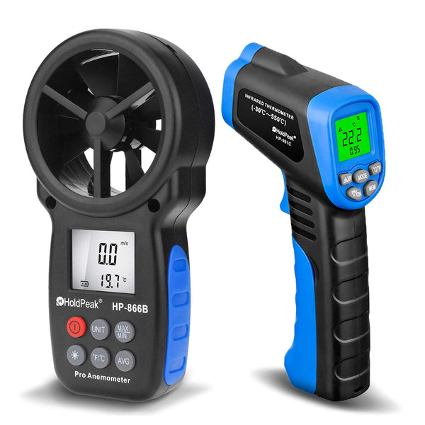 H HOLDPEAK Handheld Anemometer, Digital Wind Speed Meter for Air Velocity, Digital Laser Infrared Thermometer -50 to 550? with Adjustable Emissivity,