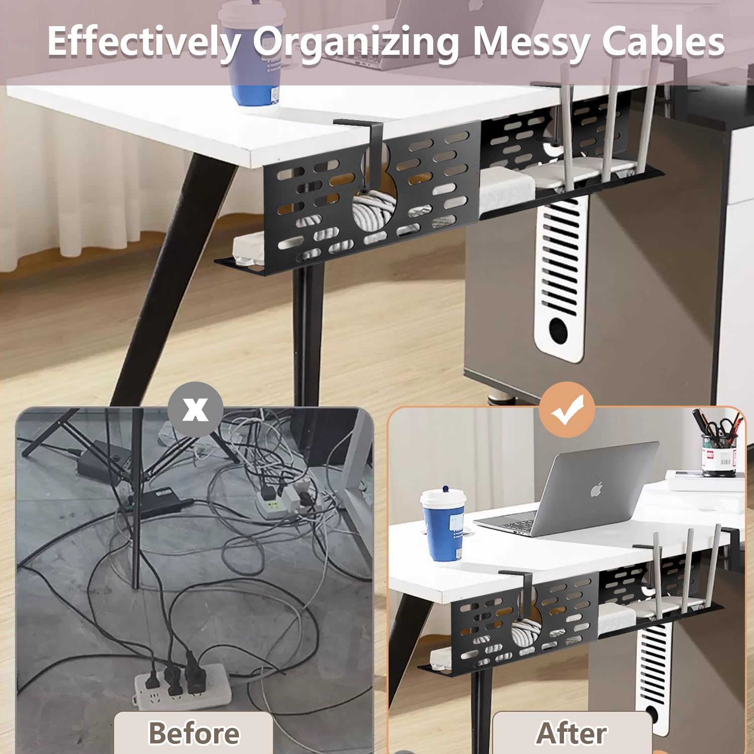 Viakty Under Desk Cable Management Organiser, 1 Pack, 35 x 13.4 x 12 cm, No Drill, Black