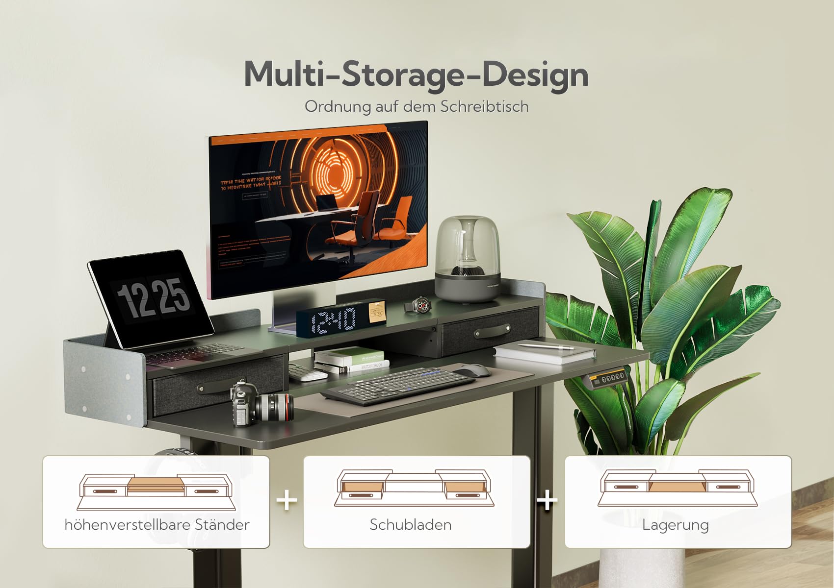 Claiks Electric Standing Desk with Drawers, 120x60cm Height Adjustable Desk with Storage Shelf and Splice Board, Stand Up Desk for Home Office, White Frame/Maple Top