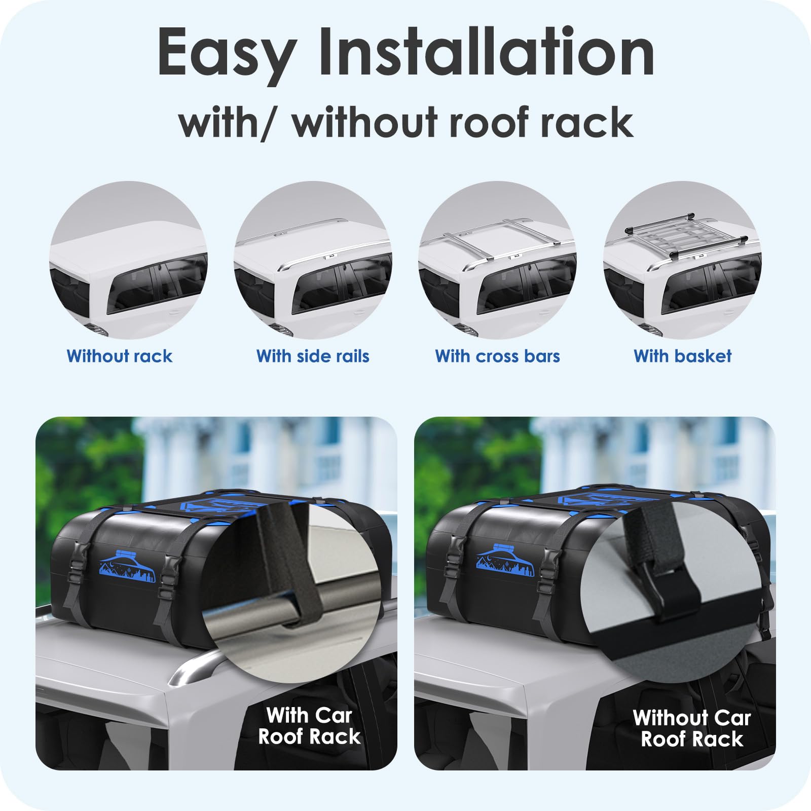 Rymopuey Roof Bag 15 Cubic/425 L, Waterproof Car Roof Bag No Rack Needed, Roof Box with Anti-Slip Mat and 6 Heavy-Duty Straps, Folding Soft Car Roof Box for Cars with/Without Rack (Blue 425 L)
