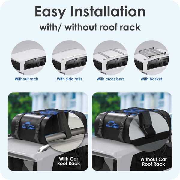 Rymopuey Roof Bag 15 Cubic/425 L, Waterproof Car Roof Bag No Rack Needed, Roof Box with Anti-Slip Mat and 6 Heavy-Duty Straps, Folding Soft Car Roof Box for Cars with/Without Rack (Blue 425 L)