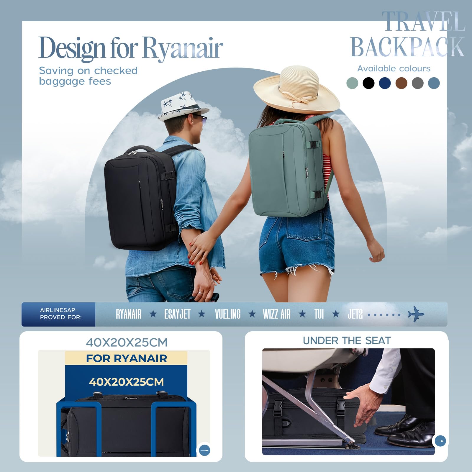 Xkdoai for Ryanair Cabin Bags 40x20x25, Travel Backpack with TSA Approved Clear Bag, Travel Bag Underseat Carry-ons Hand Luggage Bag for Travelling Casual Daypack for Ryan Air Plane