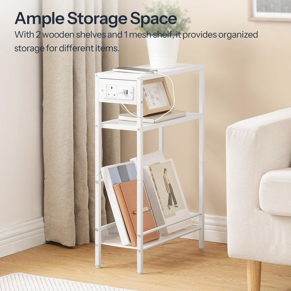 HOOBRO Slim Side Table with Charging Station, Narrow Side Table with USB Ports and Power Outlet, 42 x 18 x 65 cm, 3-Tier End Table for Small Space,